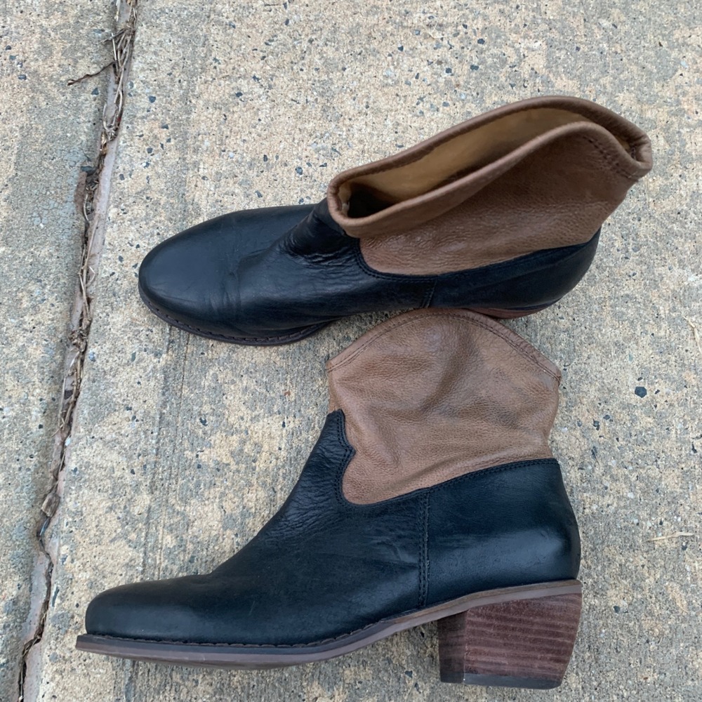 Nicole Dreamer Two Tone Leather Ankle Boots Black Tan Western Booties 7.5M